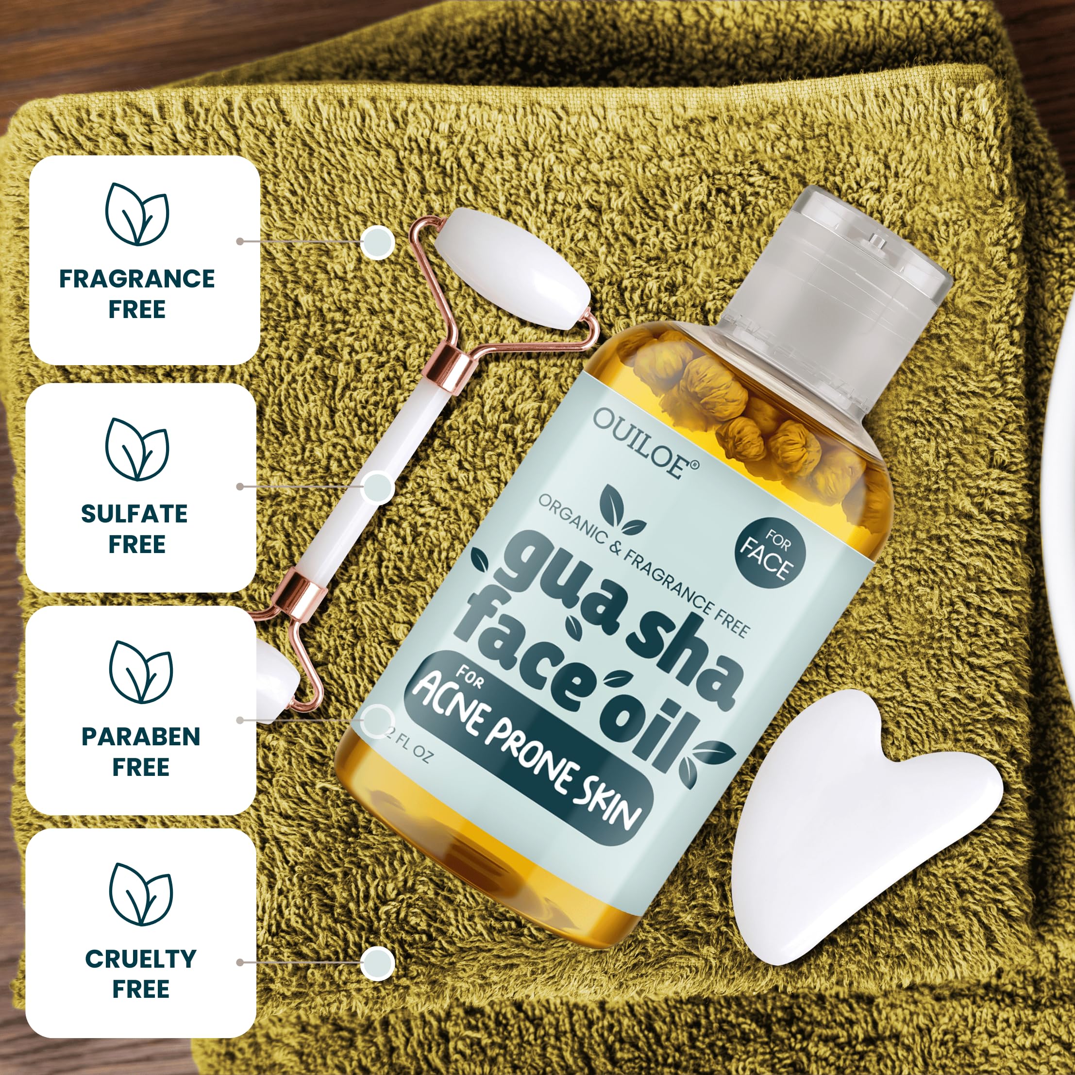 Ingrédients naturels de l huile Ouiloe Gua Sha pour le visage.