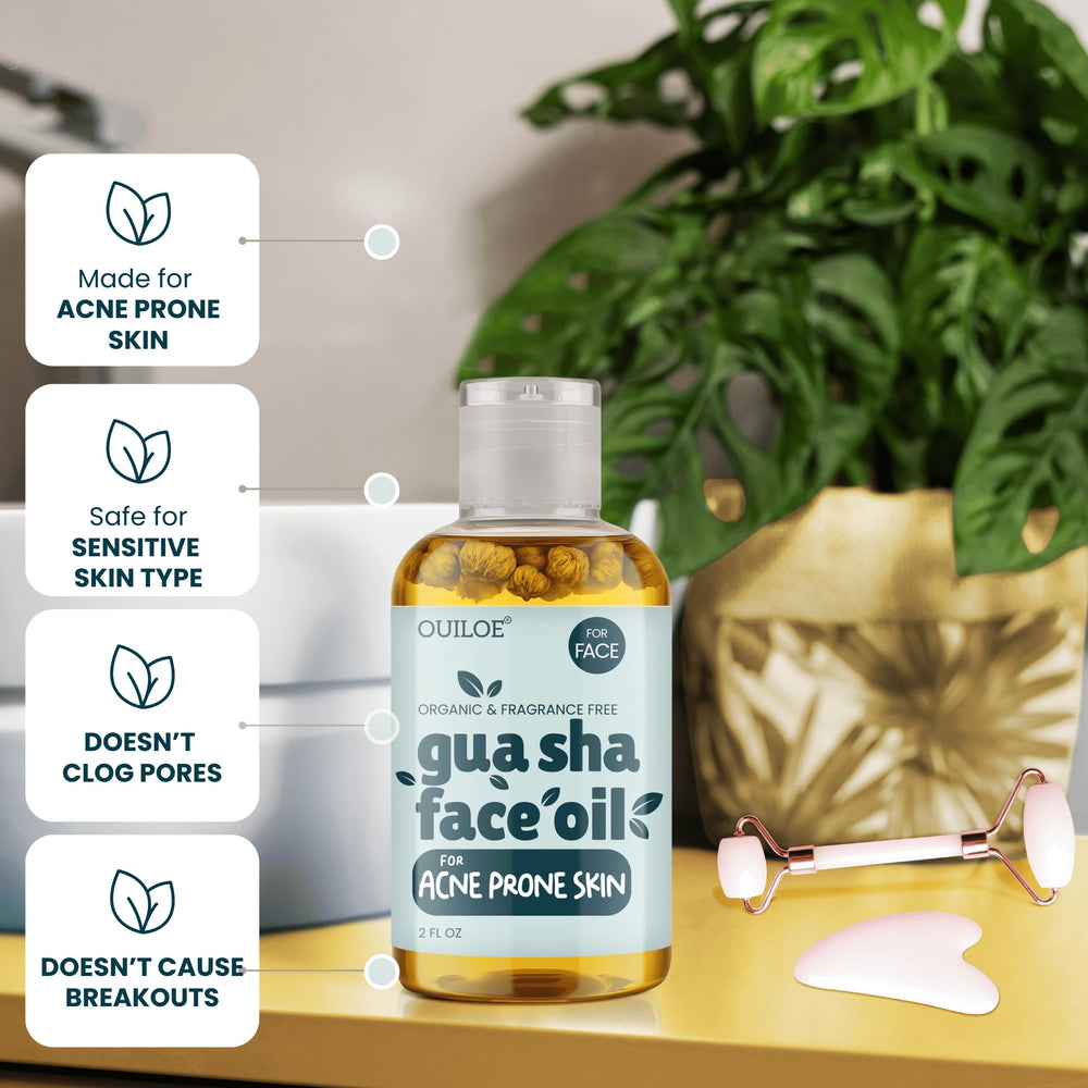 Huile Gua Sha Ouiloe visage non comedogene, adaptée à toutes les peaux sensibles et grasses.