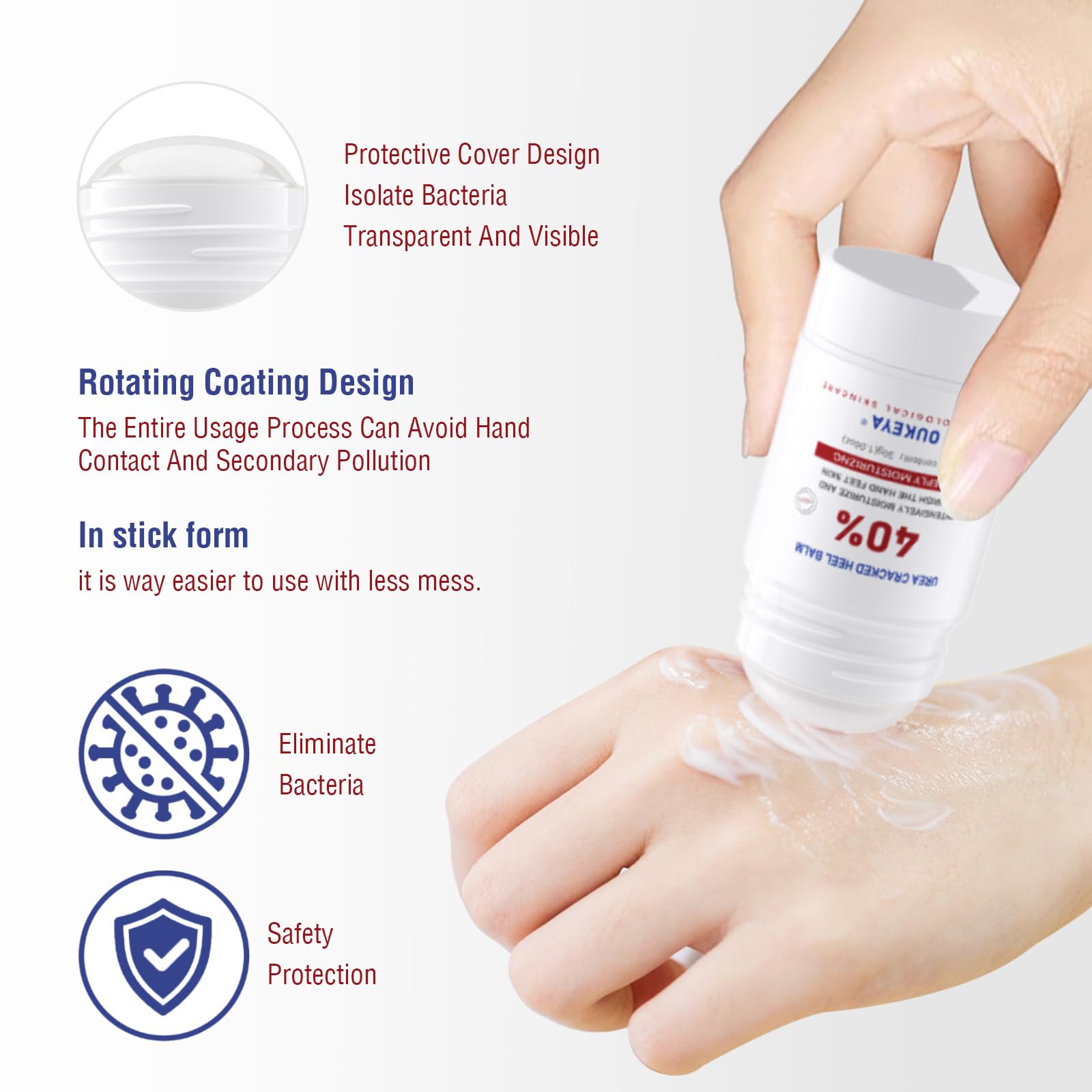 OUKEYA Urea Cream Stick sur les mains, peau douce et nourrie.
