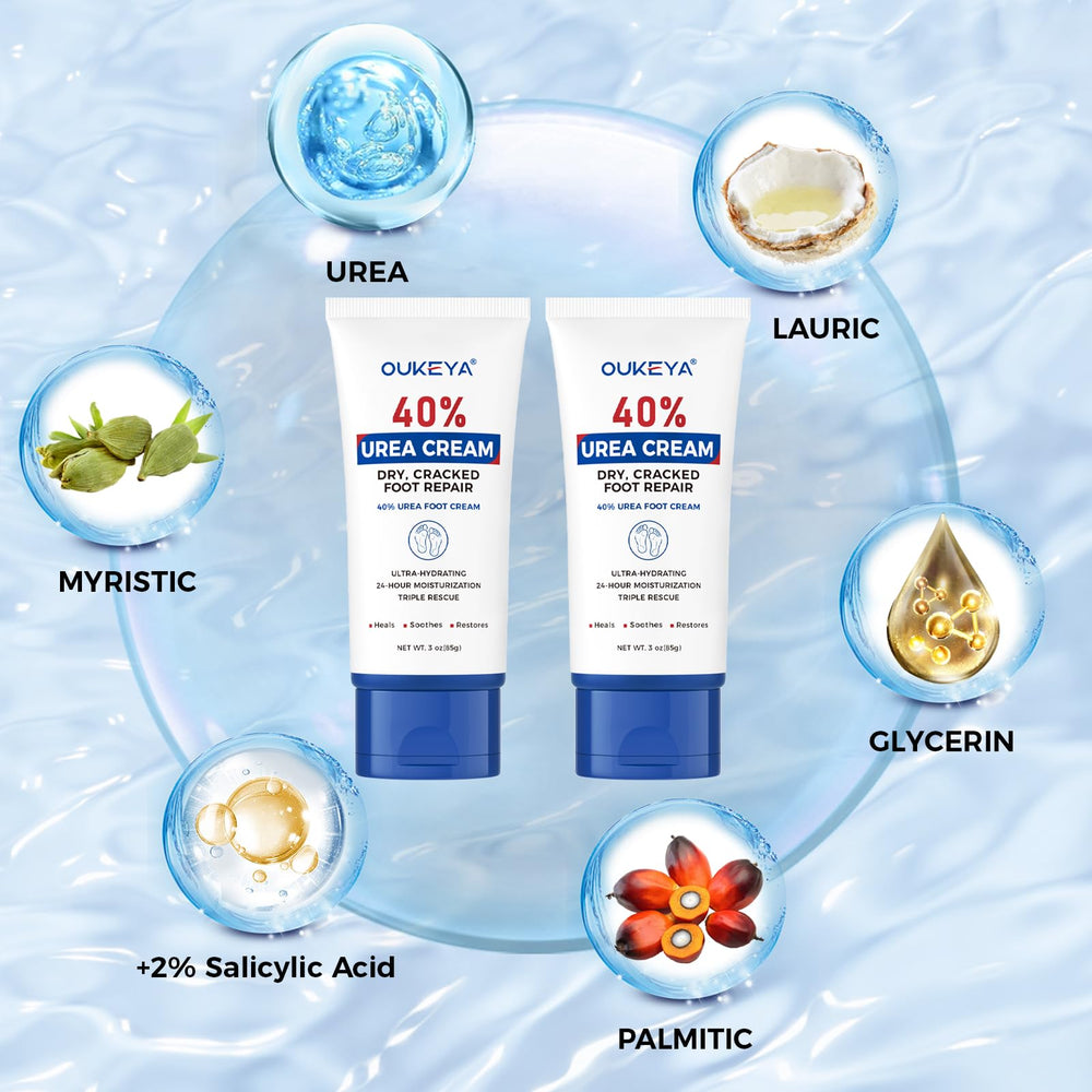 Application sur la main avec OUKEYA Crème Urée 40% pour une peau plus souple.
