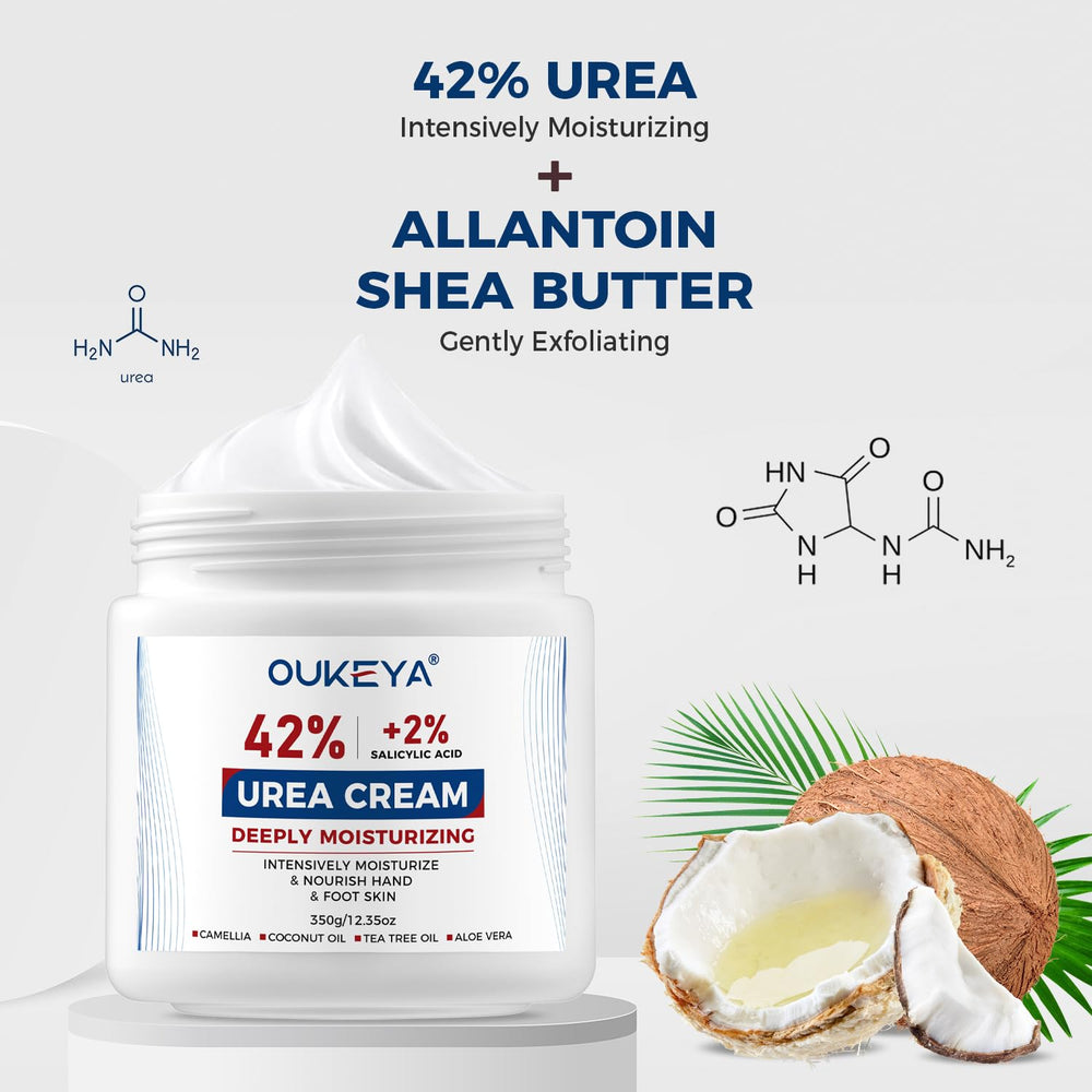 OUKEYA Crème 42 % urea pour mains et coudes, apaise peau sèche.