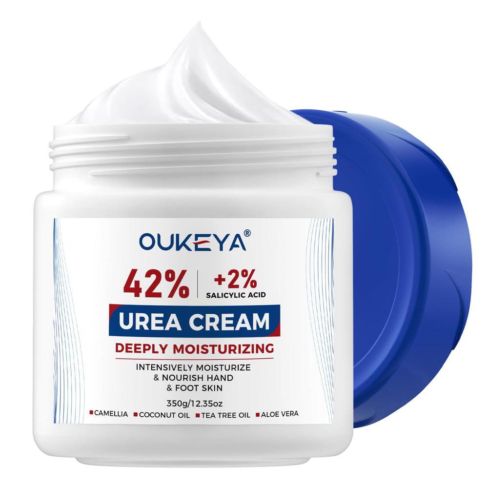 OUKEYA Crème 42 % urea pour pieds secs, hydrate durablement.