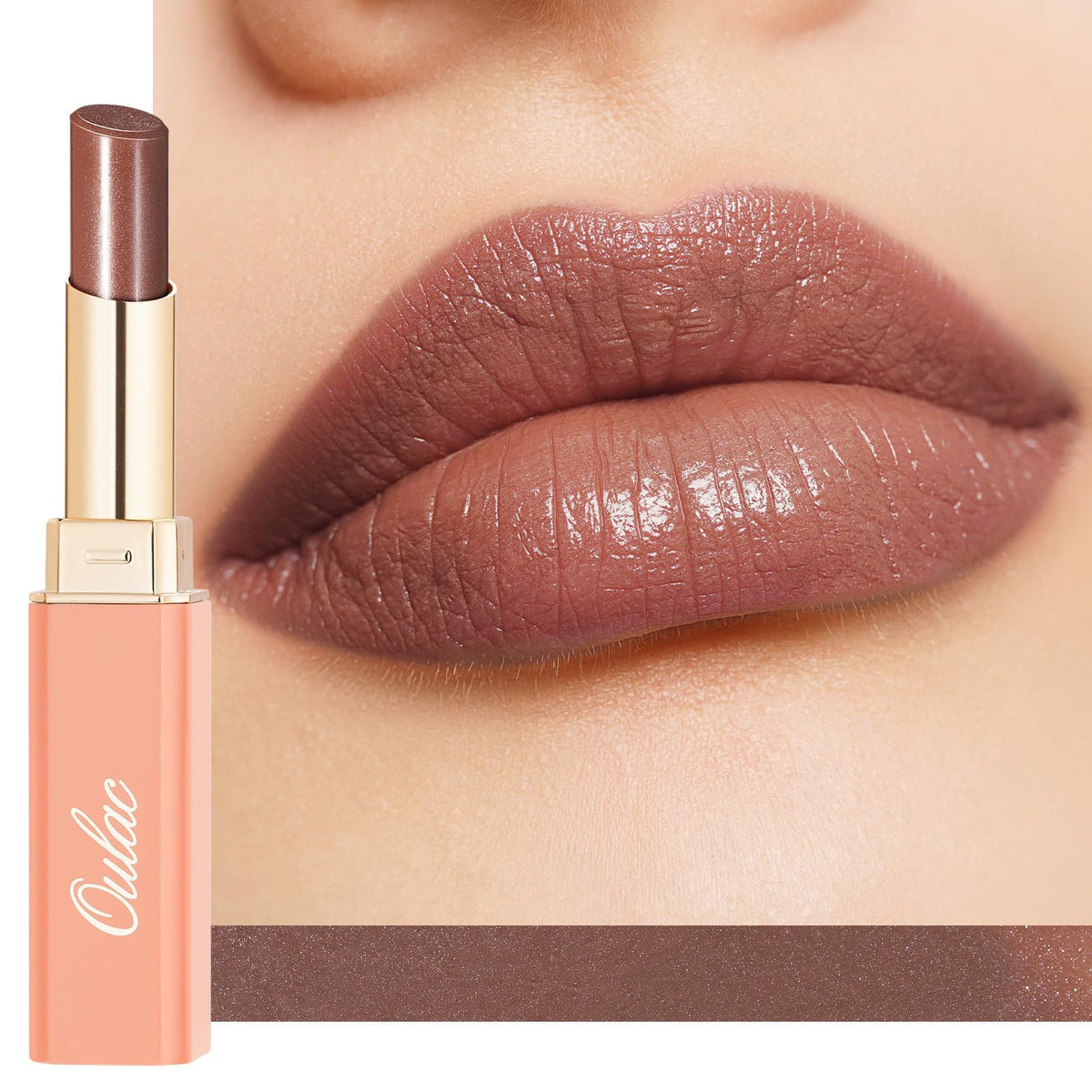 Oulac baume lèvres brun-rouge offrant une brillance durable et un effet glossy.