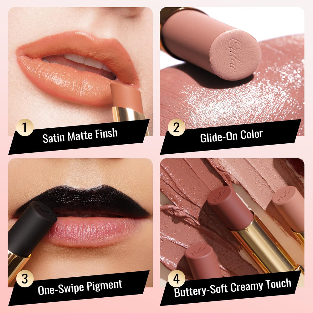 Oulac rouge à lèvres fini satin-matte, douceur veloutée et tenue légère.