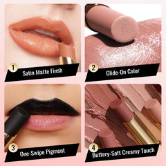 Oulac rouge à lèvres fini satin-matte, douceur veloutée et tenue légère.