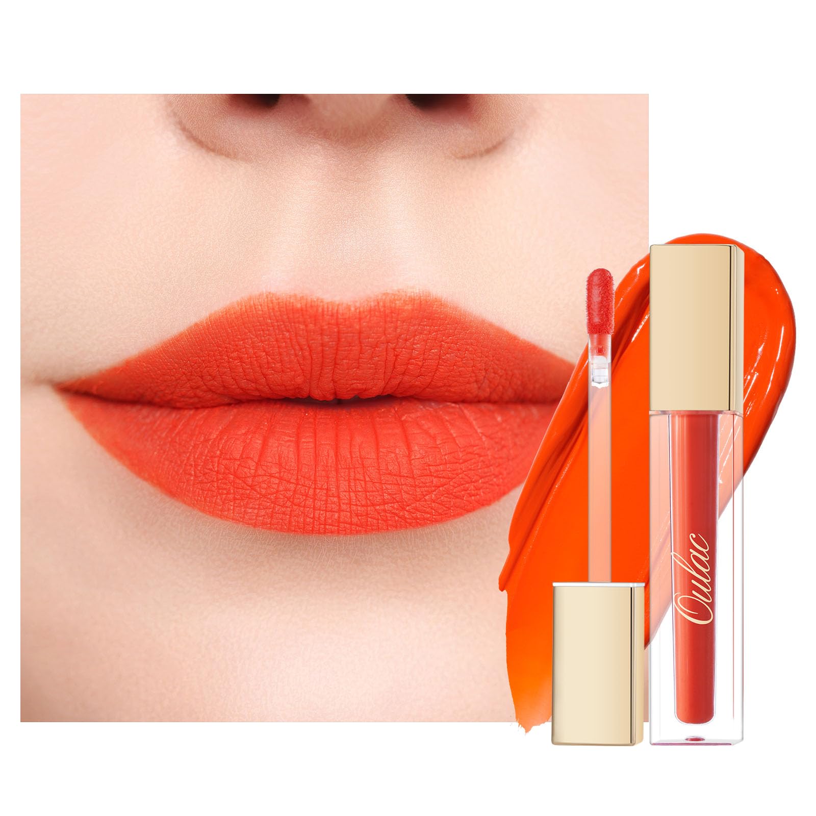 Oulac Rouge à Lèvres Liquide Matte Orange, bouteille élégante pour couleur longue tenue