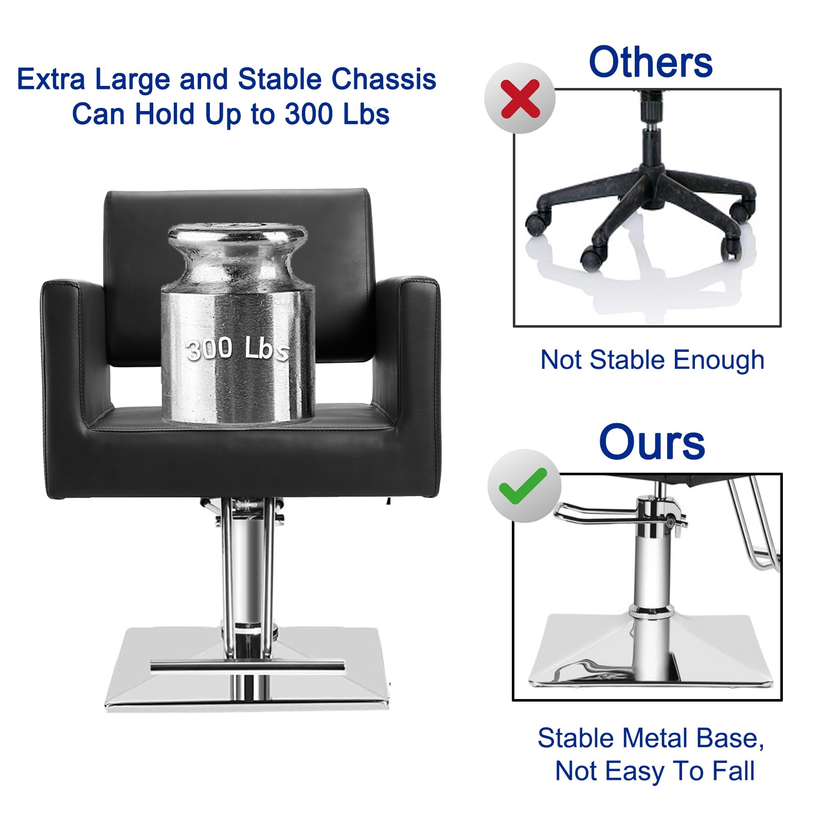 OUTMASTER chaise Coiffeur — base carrée chromée pour stabilité et répartition des charges.