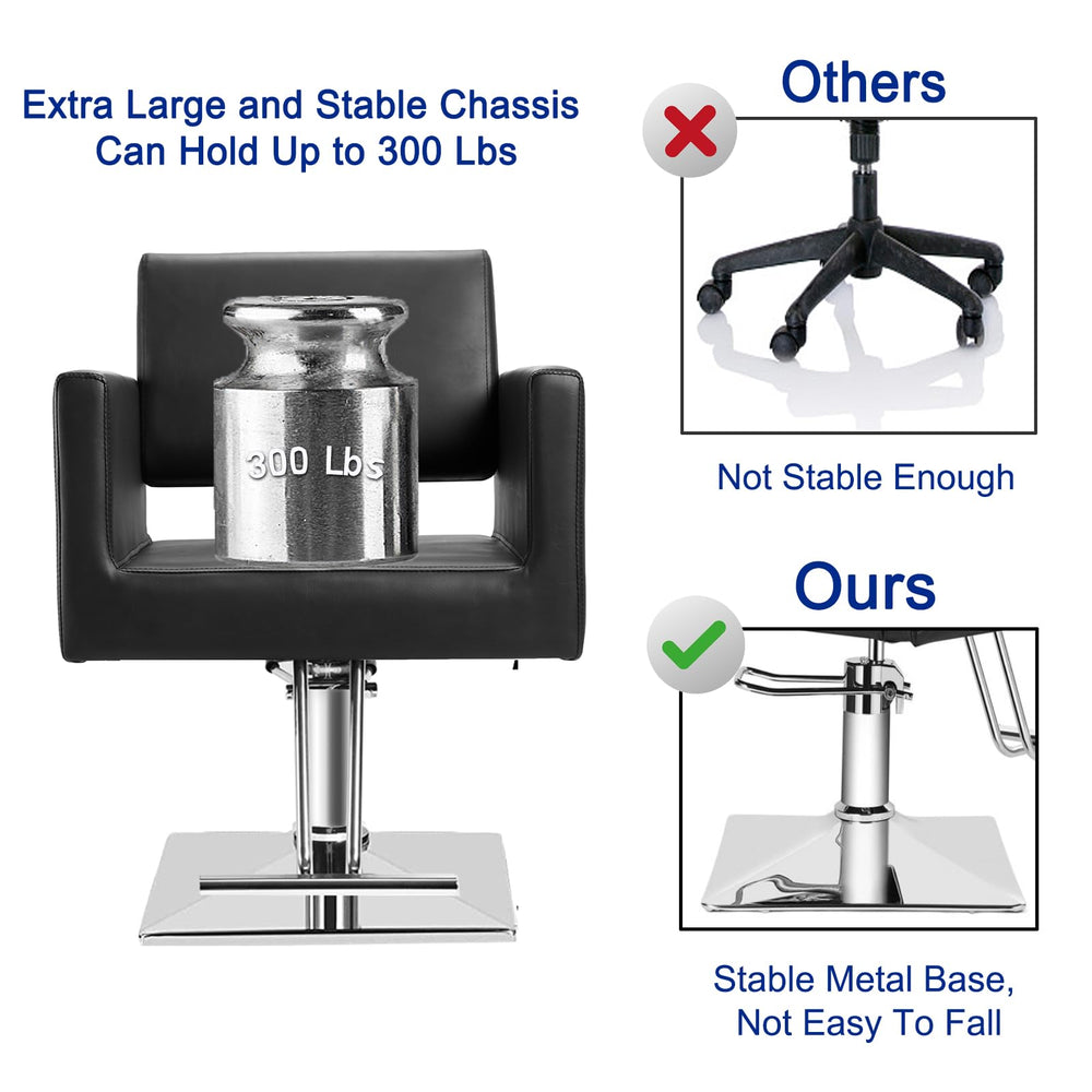 OUTMASTER chaise Coiffeur — base carrée chromée pour stabilité et répartition des charges.