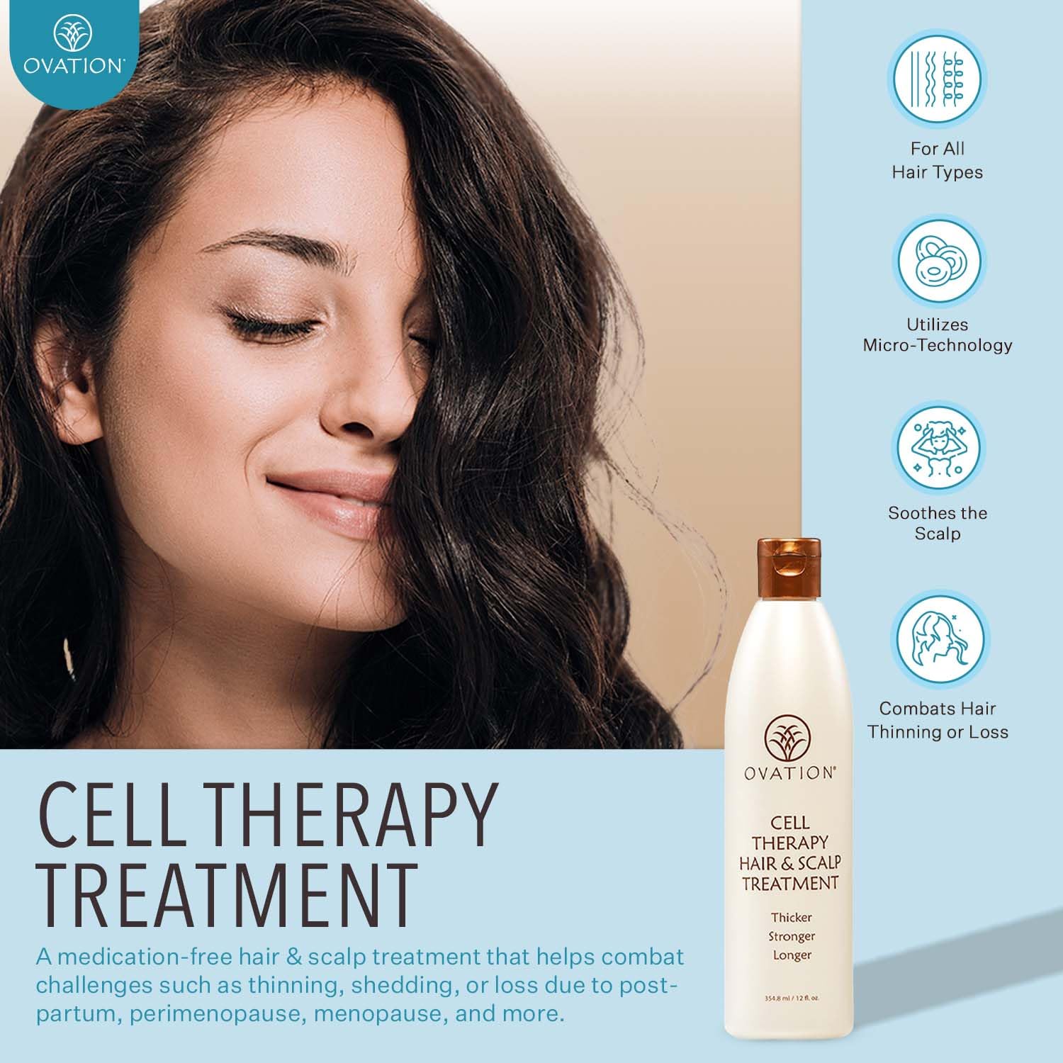 Marque Ovation – emballage du produit, prêt pour une routine capillaire sans sulfates.