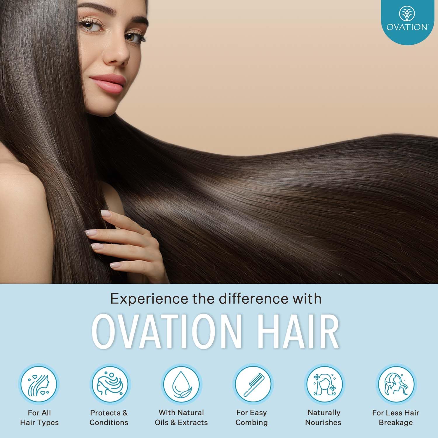Ovation Hair Volume Conditioner: ingrédients naturels dont huile d’olive et vitamine B5 pour soin quotidien.