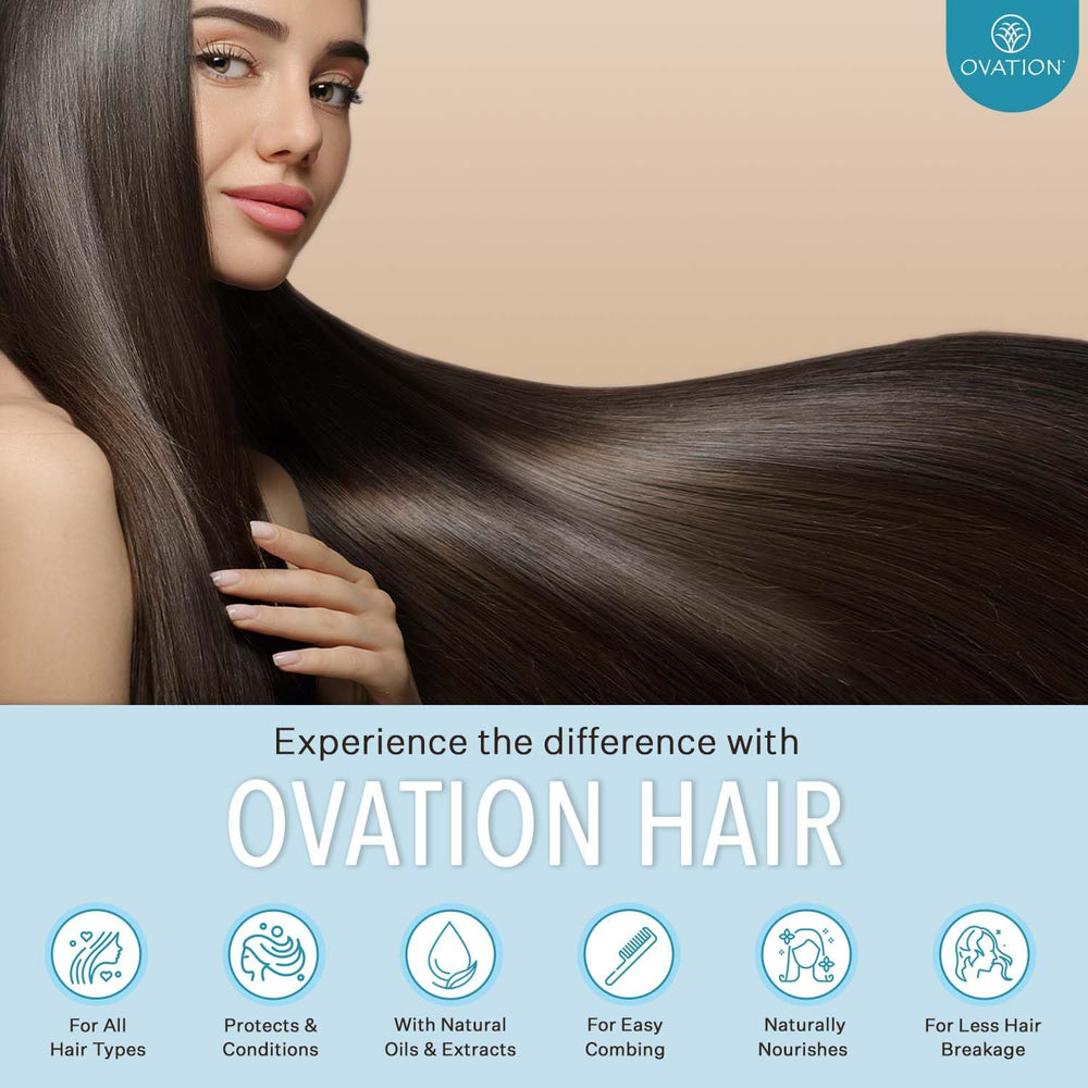 Ovation Hair Volume Conditioner: ingrédients naturels dont huile d’olive et vitamine B5 pour soin quotidien.
