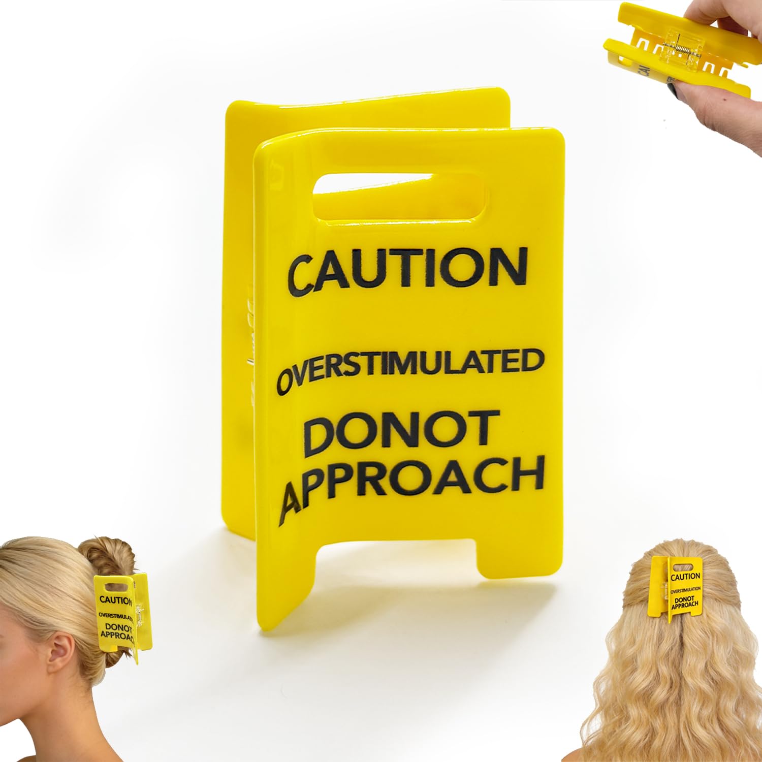Overstimulated Caution Sign Hair Claw Clip, vue avant, maintien fiable pour cheveux épais.