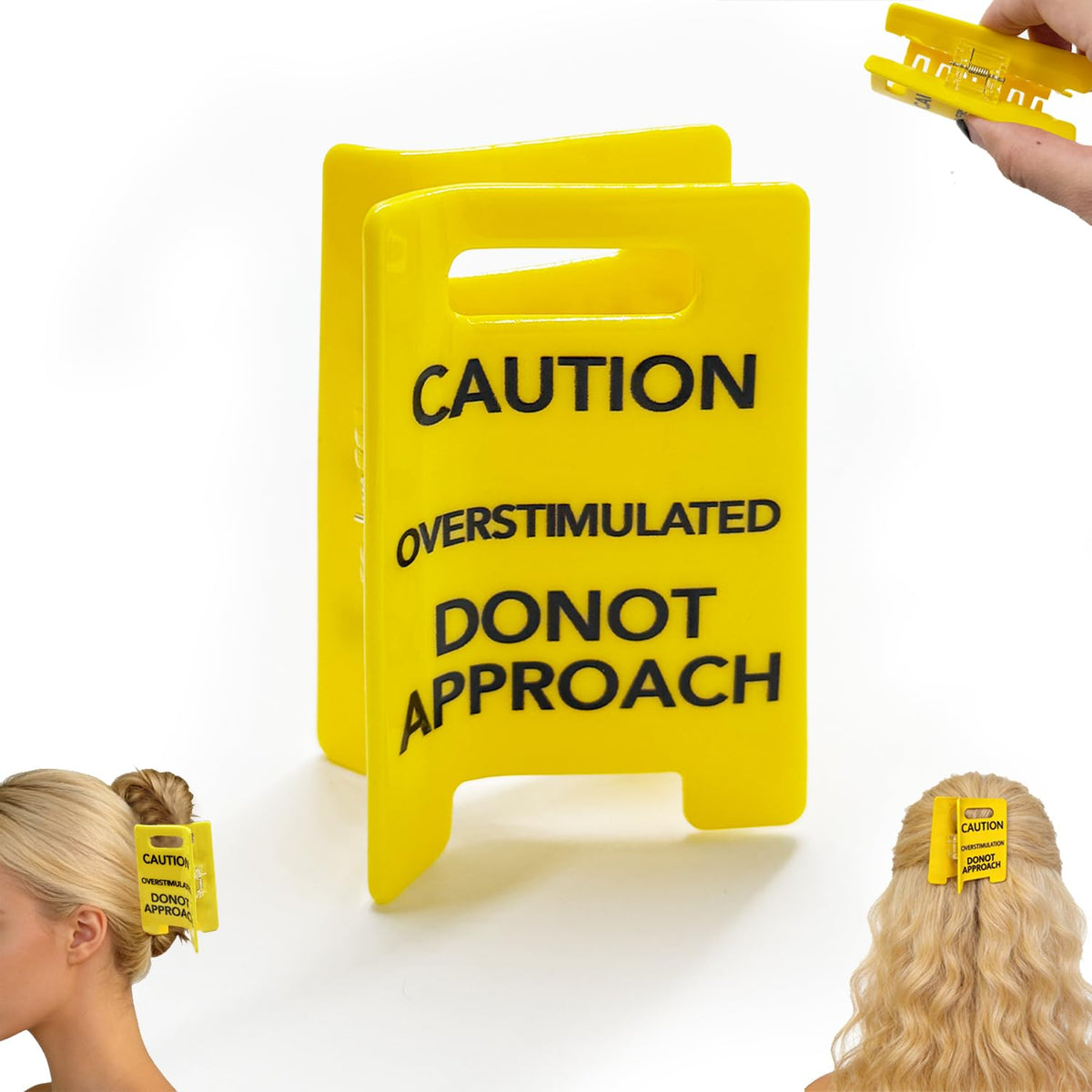 Overstimulated Caution Sign Hair Claw Clip, vue avant, maintien fiable pour cheveux épais.