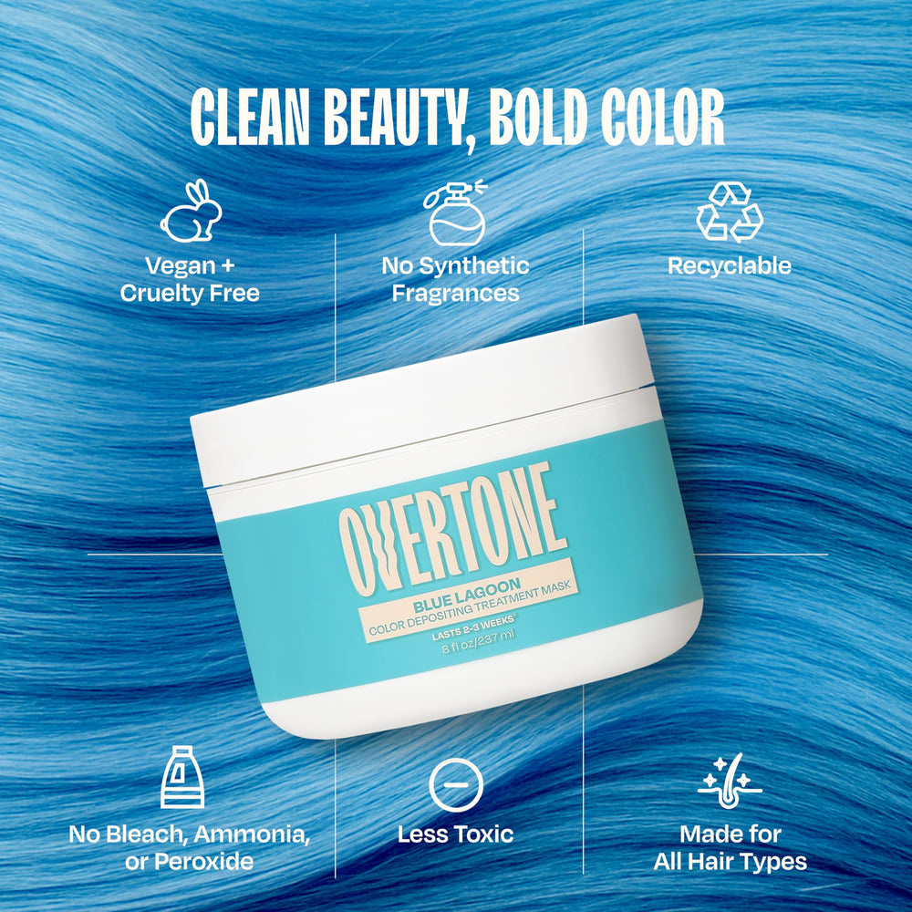 Application oVertone Bleu Lagune sur cheveux secs pour une couleur durable.