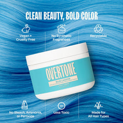 Application oVertone Bleu Lagune sur cheveux secs pour une couleur durable.