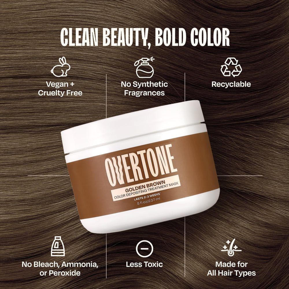 Overtone Golden Brown cheveux nourris et brillants après utilisation.