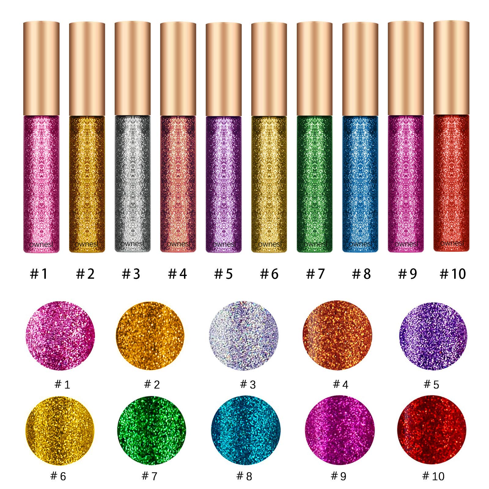 Liner liquide Ownest à paillettes violet, reflet lumineux et application lisse.
