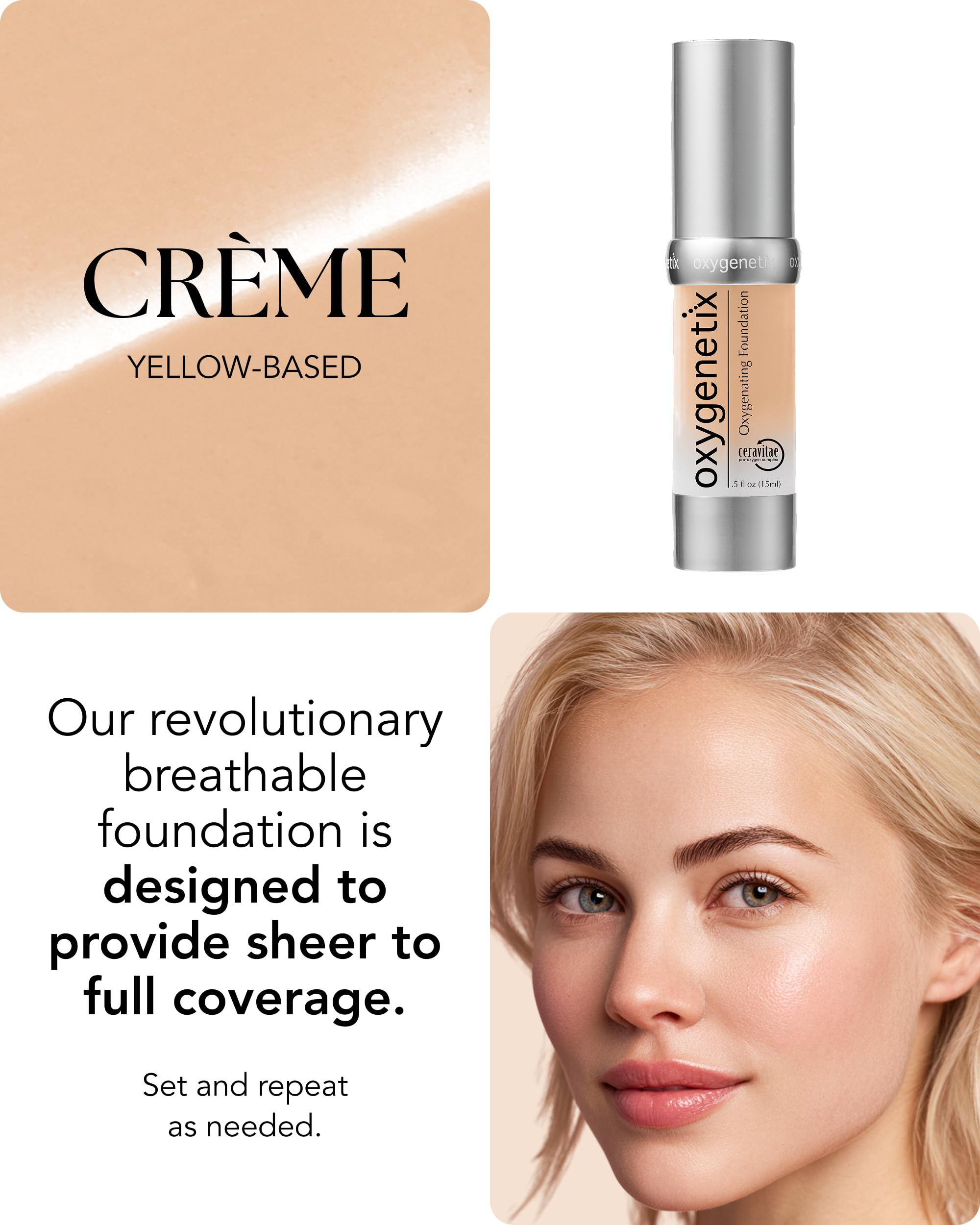 Texture naturelle et couvrante, Oxygenetix pour teint homogène et frais.
