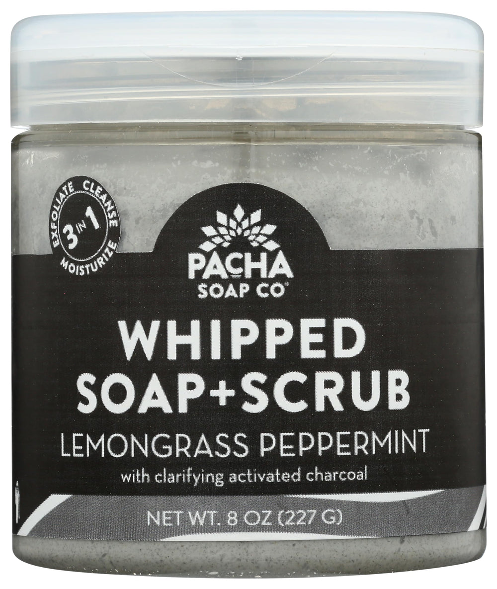 Pacha Soap Co gommage au savon fouetté citronnelle et menthe sur bouteille, exfoliation rafraîchissante.