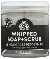 Pacha Soap Co gommage au savon fouetté citronnelle et menthe sur bouteille, exfoliation rafraîchissante.