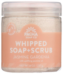 Pacha Soap Co – savon fouetté jasmin-gardenia dans bouteille, hydratant et parfumé.