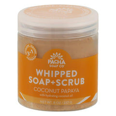 Pacha Soap Co gommage-en-mousse coco papaye dans un pot, exfoliation douce.
