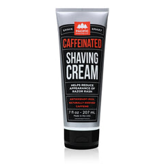 Pacific Shaving Company caffeinated cream tube closeup for a refreshing morning shave.