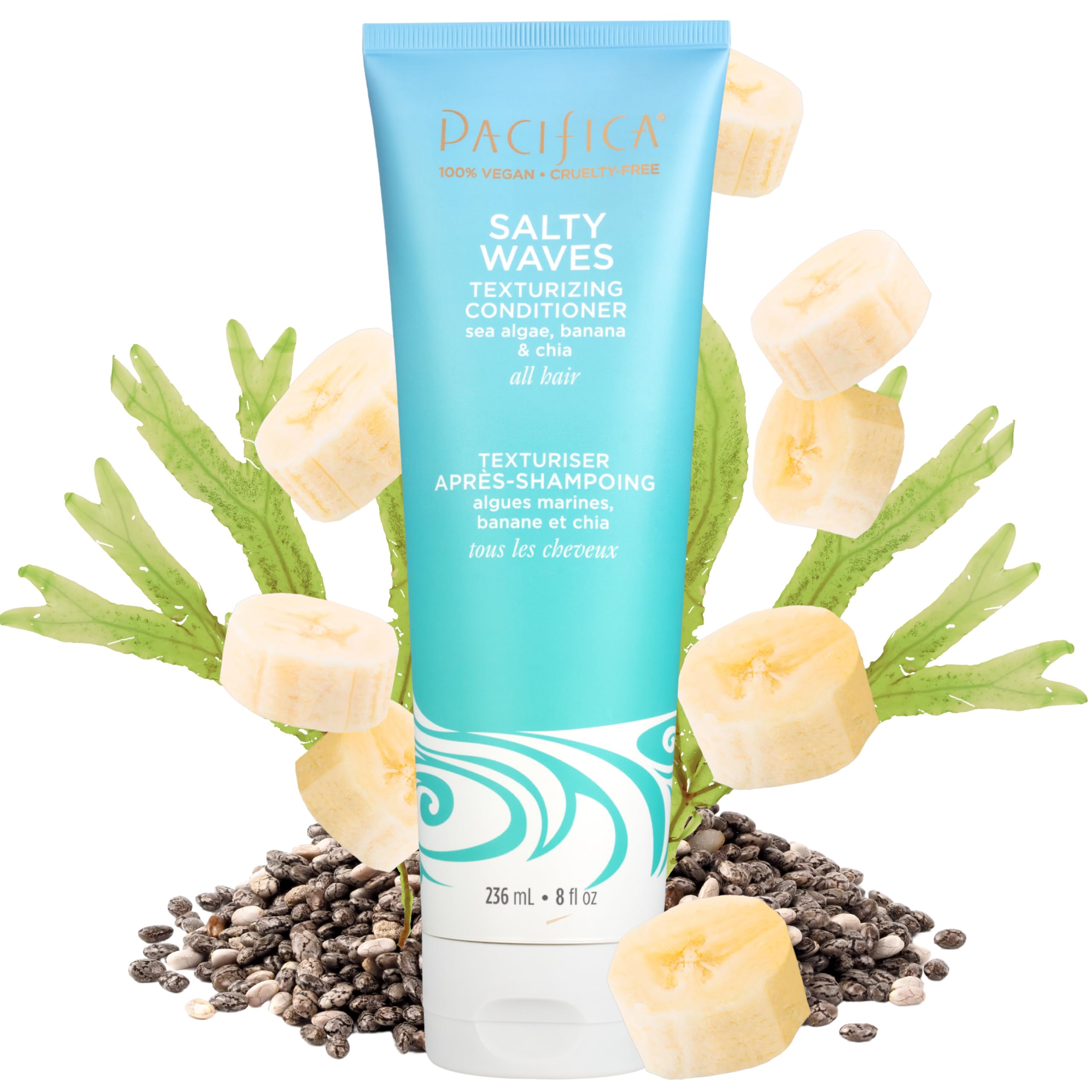 Pacifica Beauté – conditionneur vagues-salées et flacon, texture définissant les boucles et douceur