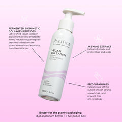 Pacifica Collagène Vegan Lait Cheveux – Lait qui renforce l’élasticité des mèches chauffées.
