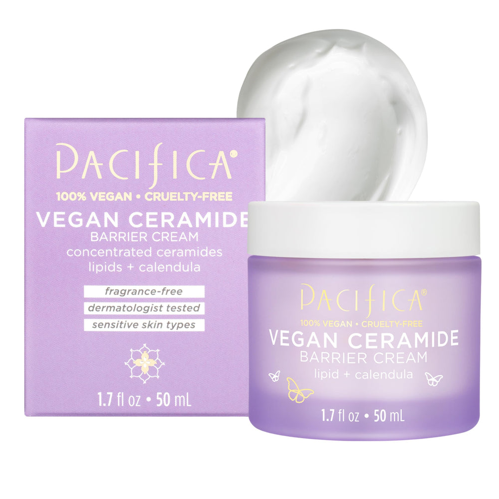 Pacifica Crème Visage Barrière en bouteille offre une hydratation durable pour peau sensible.