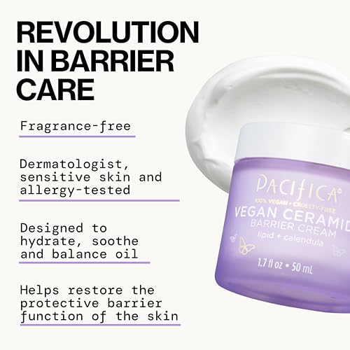 Étiquette Pacífica sans parfum sur la crème visage-barrière, adaptée aux peaux réactives.