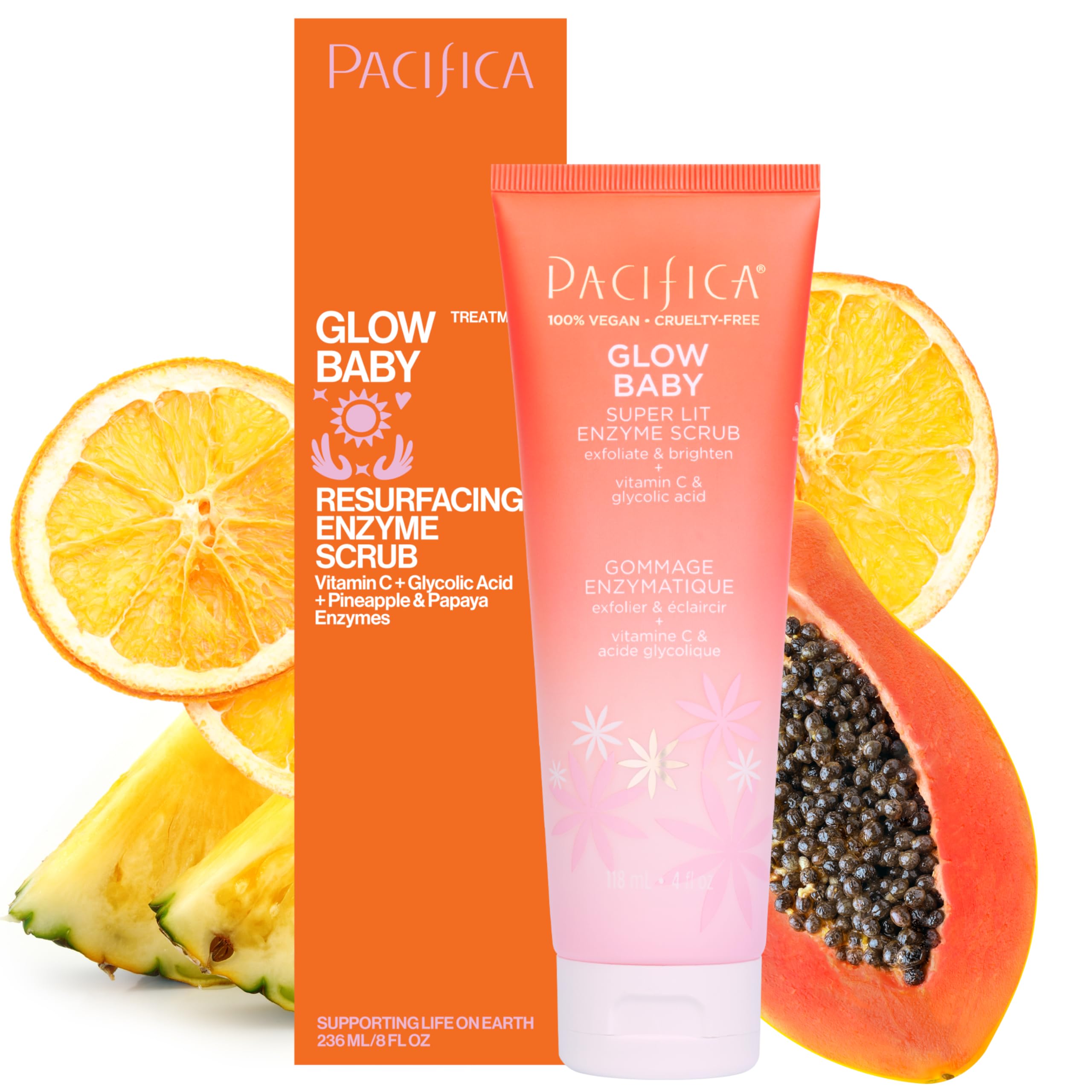Pacifica Glow Baby — bouteille gommage visage pour peau lumineuse.