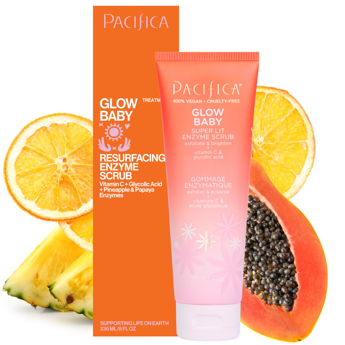 Pacifica Glow Baby — bouteille gommage visage pour peau lumineuse.