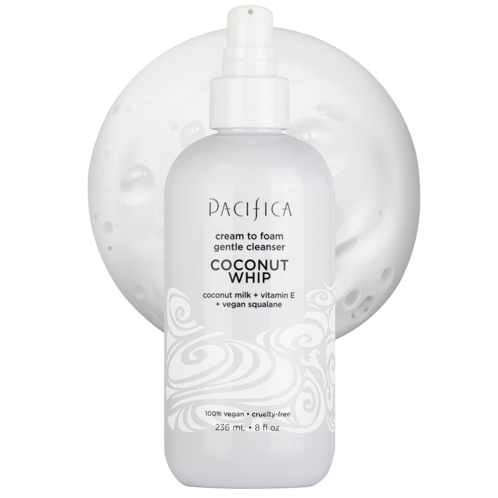 Pacifica noix-de-coco fouettée, texture crème-mousse nettoyante pour la peau.