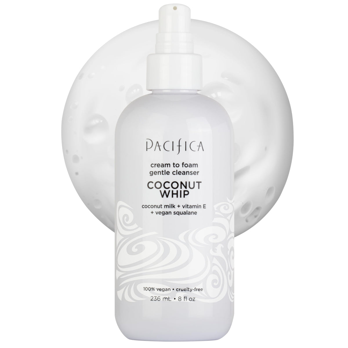 Pacifica noix-de-coco fouettée, texture crème-mousse nettoyante pour la peau.