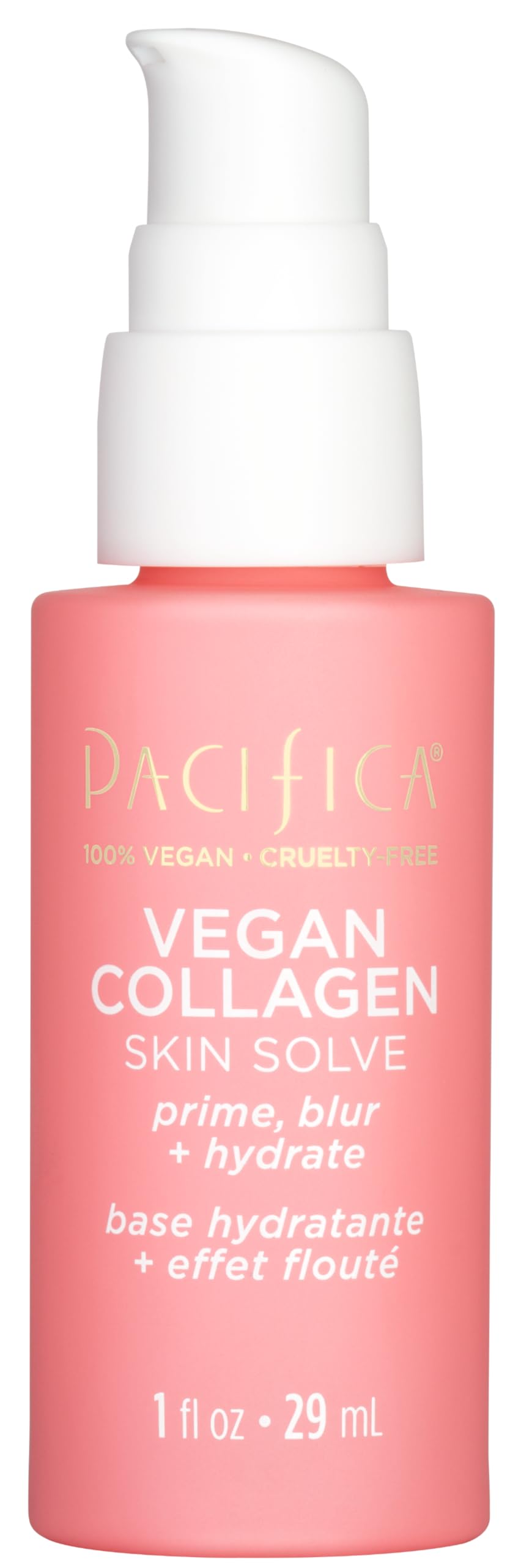 Pacifica Vegan Collagen Skin Solve Primer, bouteille-pompe, hydratation rapide pour une peau prête au maquillage.