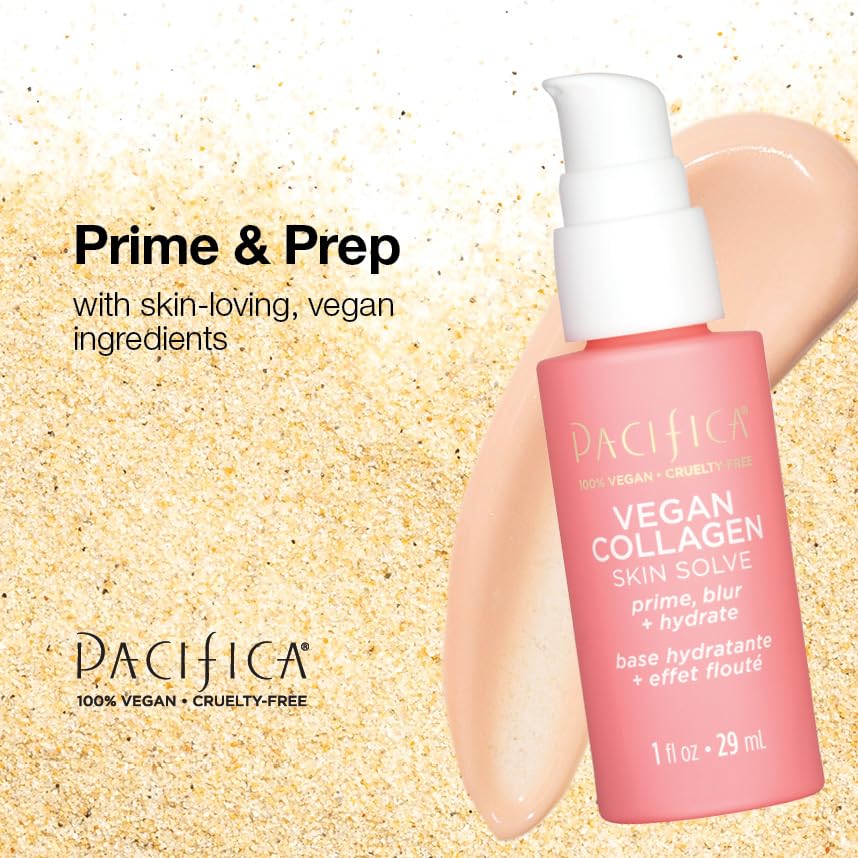 Pacifica Vegan Collagen Skin Solve Primer, caféine aide à dégonfler et à éclairer le teint.