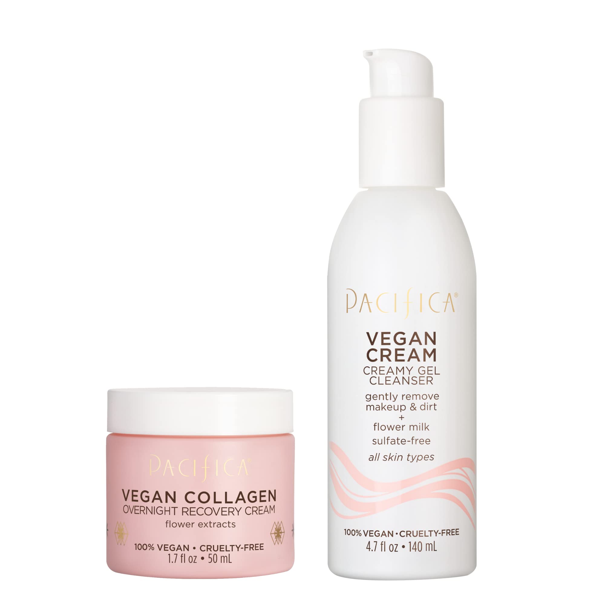 Pacifica vegan collagen cleanser and overnight recovery cream set for deep hydration