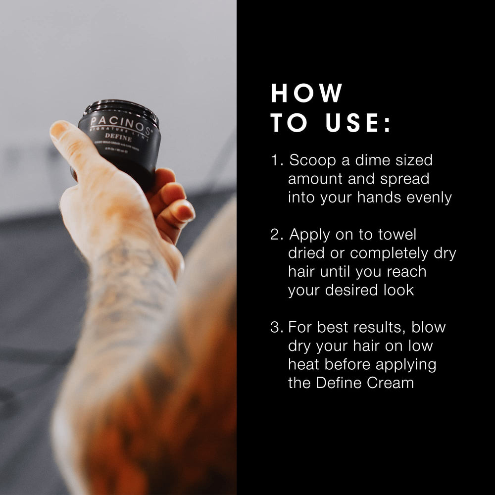 Pacinos Define Light Hold used with blow-dryer to add natural volume and texture.