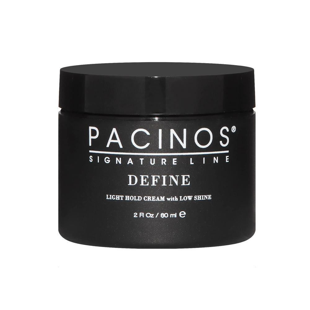 Pacinos Define Light Hold bottle close-up showcasing sleek design for easy styling.