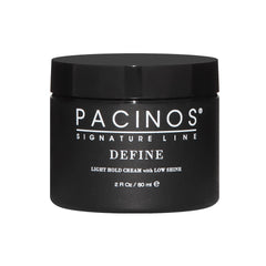 Pacinos Define Light Hold bottle close-up showcasing sleek design for easy styling.