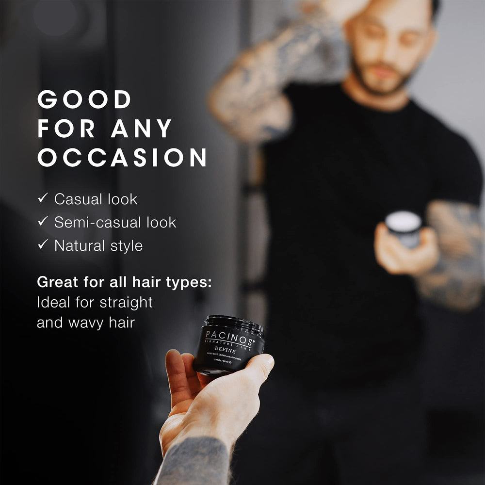 Pacinos Define Light Hold being used to shape hair texture for a natural finish.