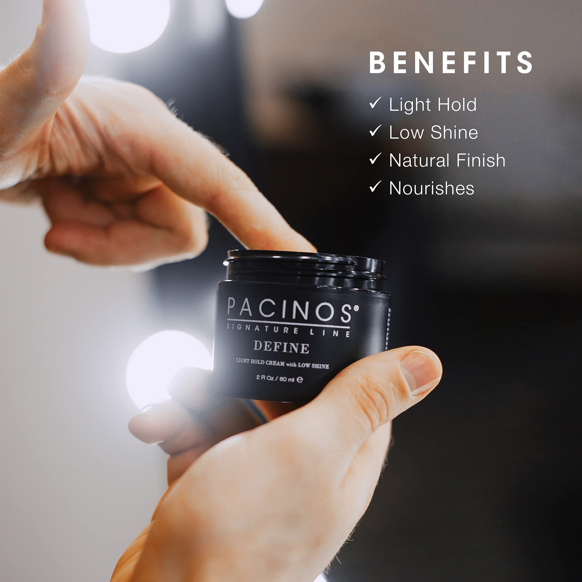 Pacinos Define Light Hold dispensed into hands for quick, even application.