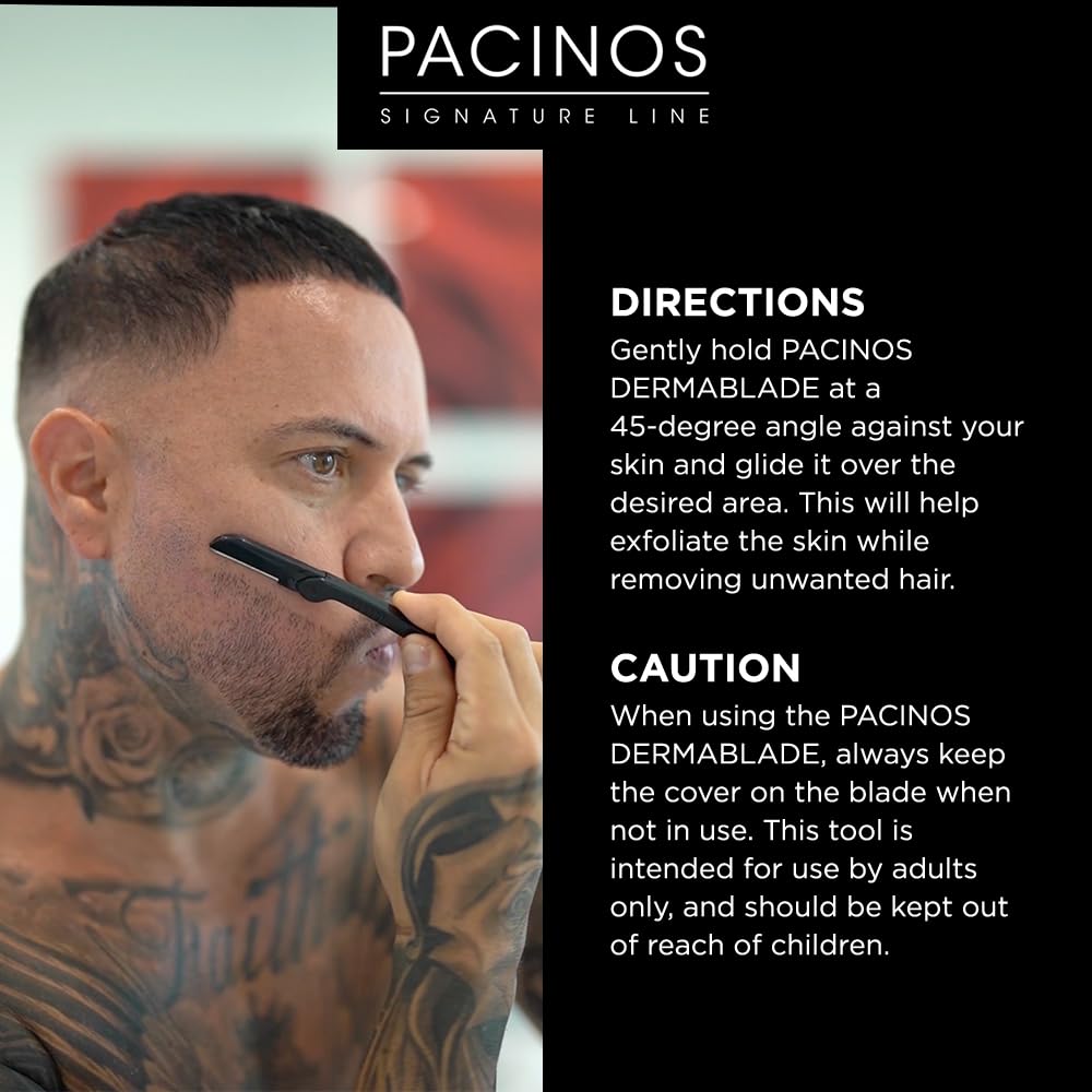 Utilisation quotidienne du Pacinos Derma Blades sur le visage pour définir la barbe.
