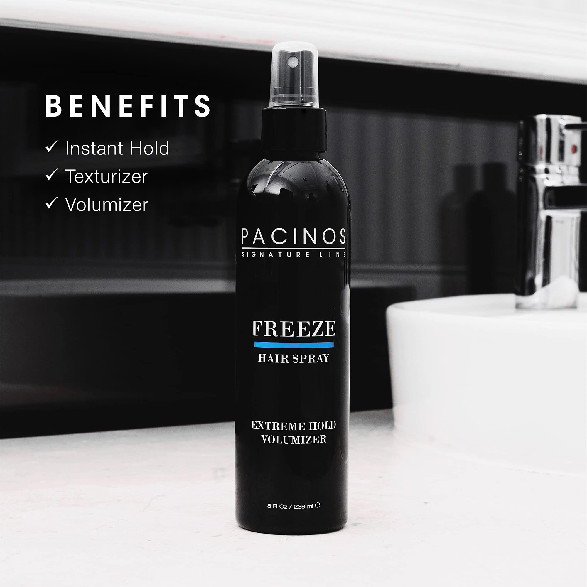 Pacinos Freeze Hair Spray dispensing action for quick, even application.
