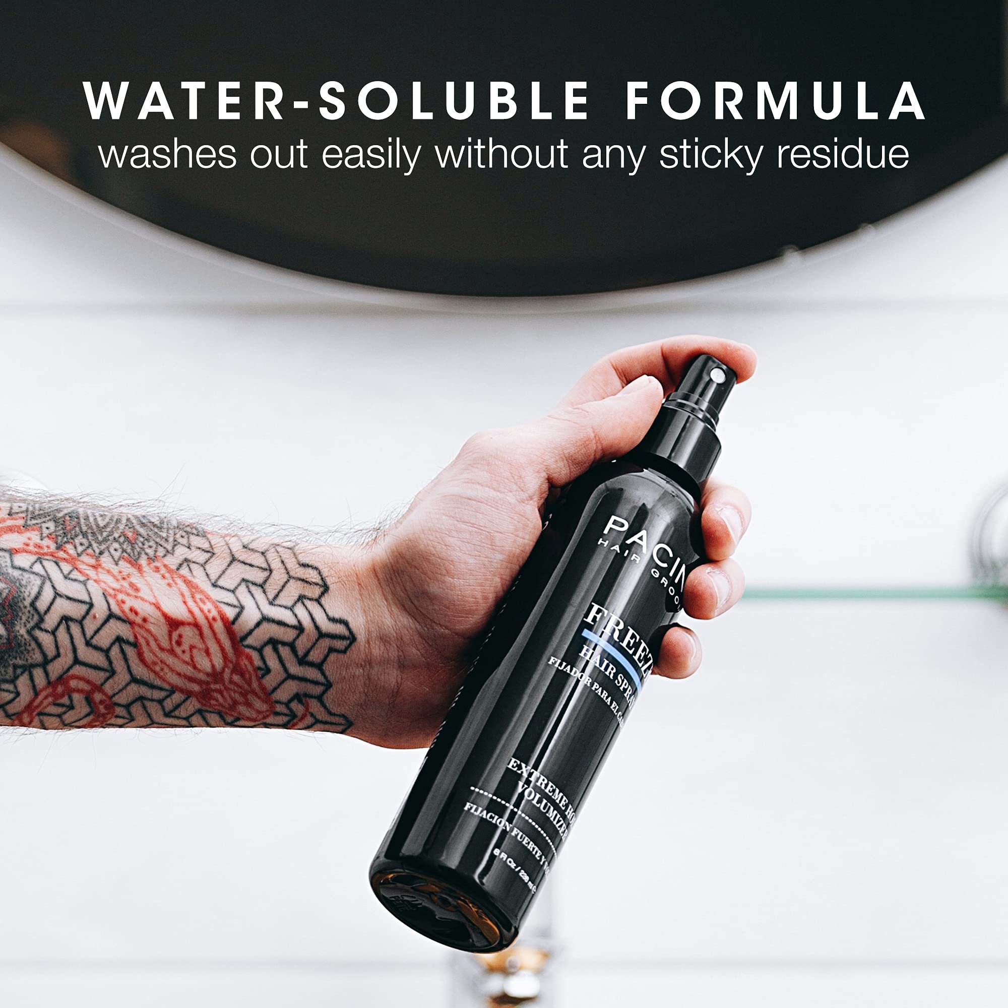 Pacinos Freeze Hair Spray quick-dry formula for fast, smooth finish.