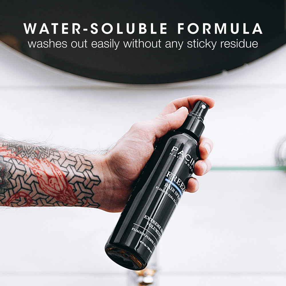 Pacinos Freeze Hair Spray quick-dry formula for fast, smooth finish.