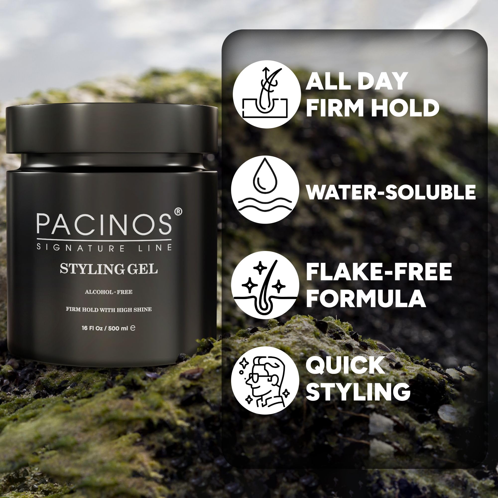 Pacinos Gel Coiffant : tenue ferme sans flocons pour la journée.