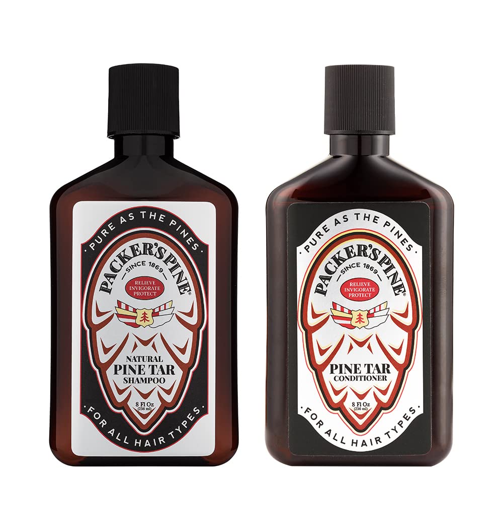 Packer's Pine Tar Shampoing — bouteille claire, cheveux propres et frais.