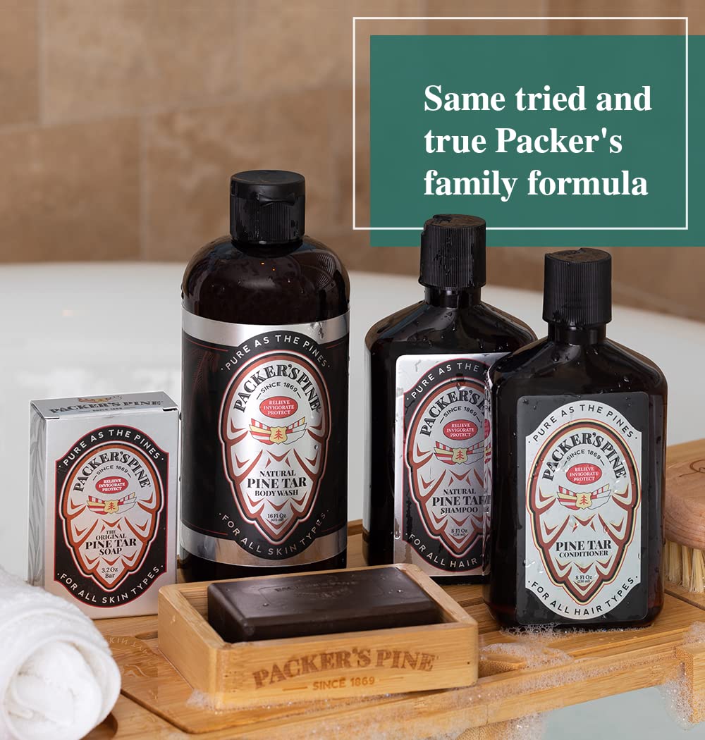 Packer's Pine Tar Shampoo — rituel douche rafraîchissant évoquant une forêt après la pluie.